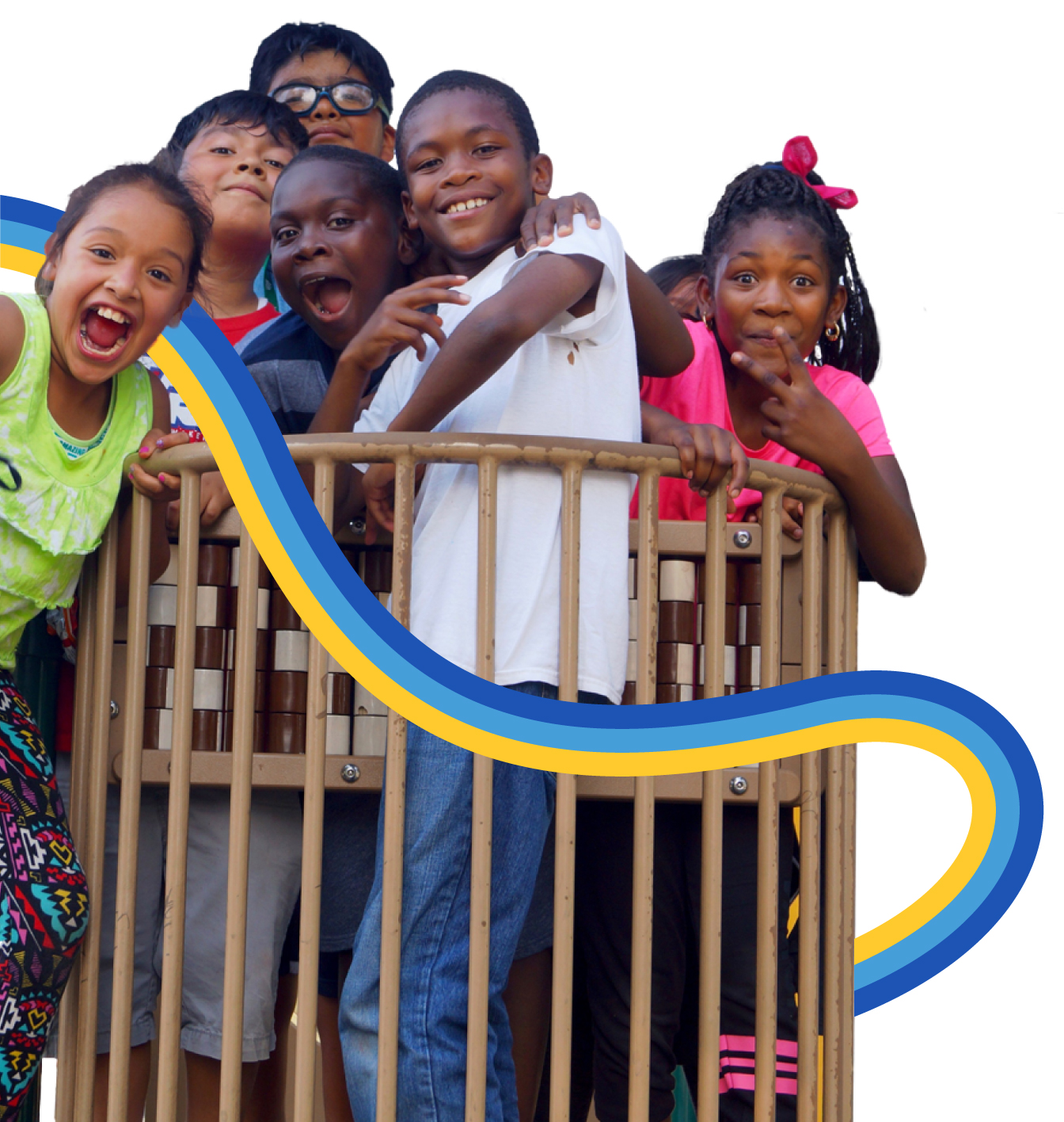 Children on playground equipment smiling together Children on playground equipment smiling together