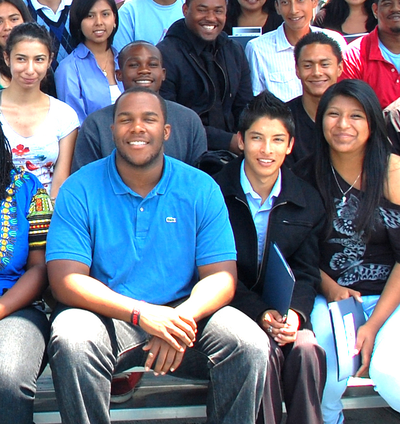 Ethan with students outside