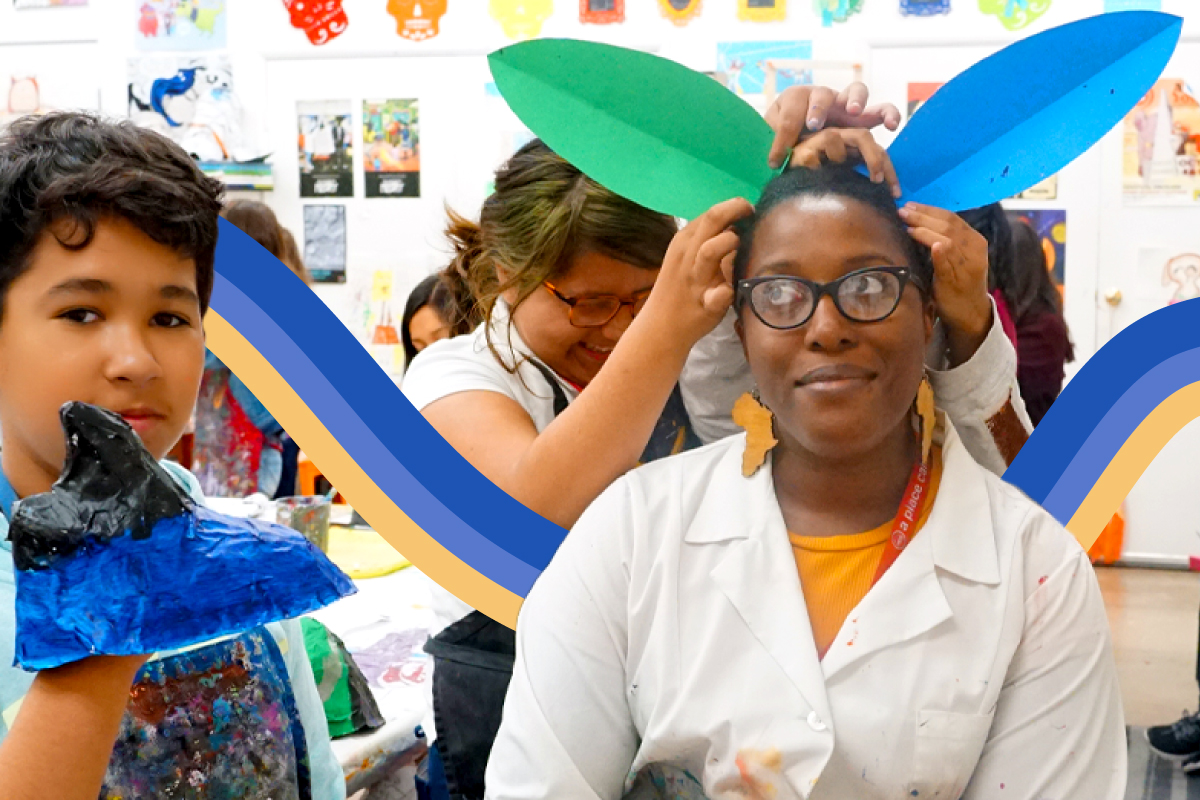 Teacher with paper bunny ears and students smiling Teacher with paper bunny ears and students smiling